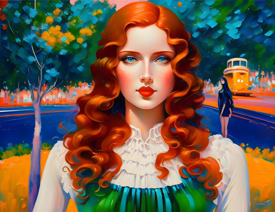 Vibrant illustration: woman with long red hair and blue eyes in colorful setting