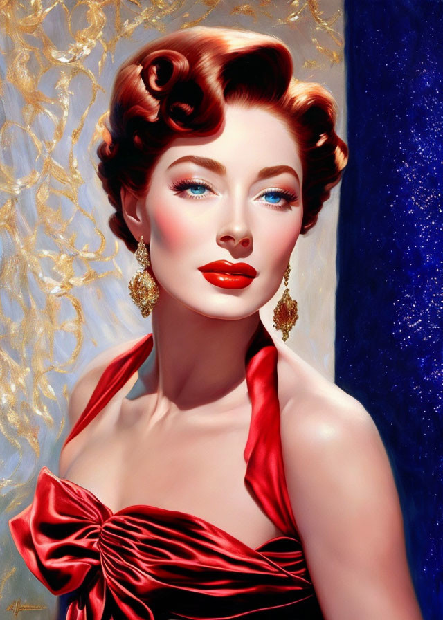 Portrait of a Woman in Vintage Style with Red Hair and Blue Eyes