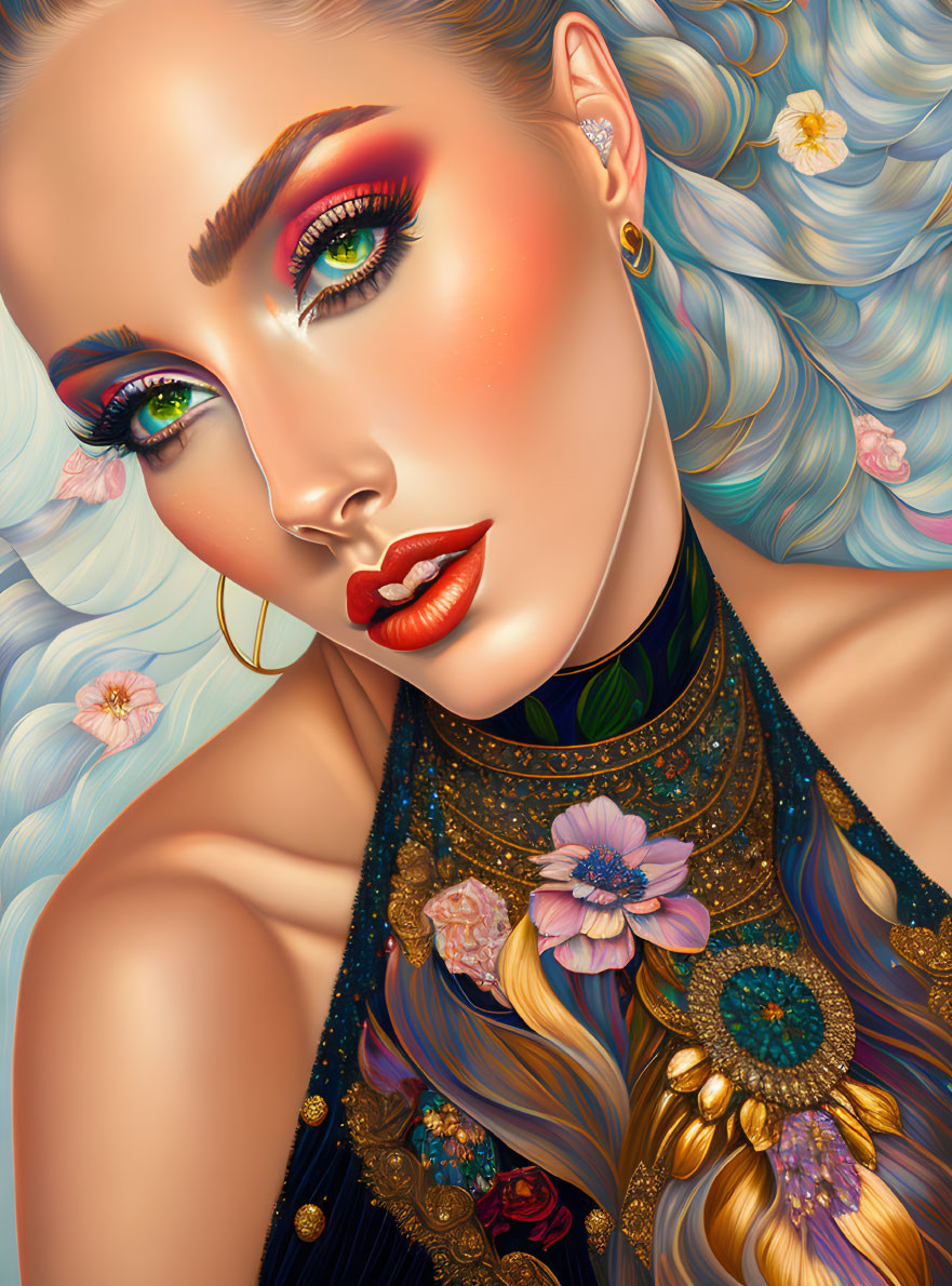 Colorful digital portrait of a woman with blue hair, bold makeup, and floral necklace