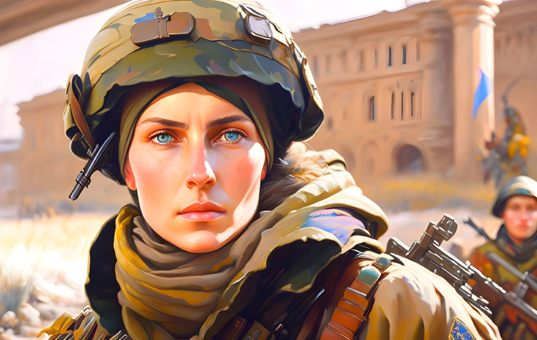 Digital illustration of female soldier in helmet and camouflage, holding rifle, with troops and building.