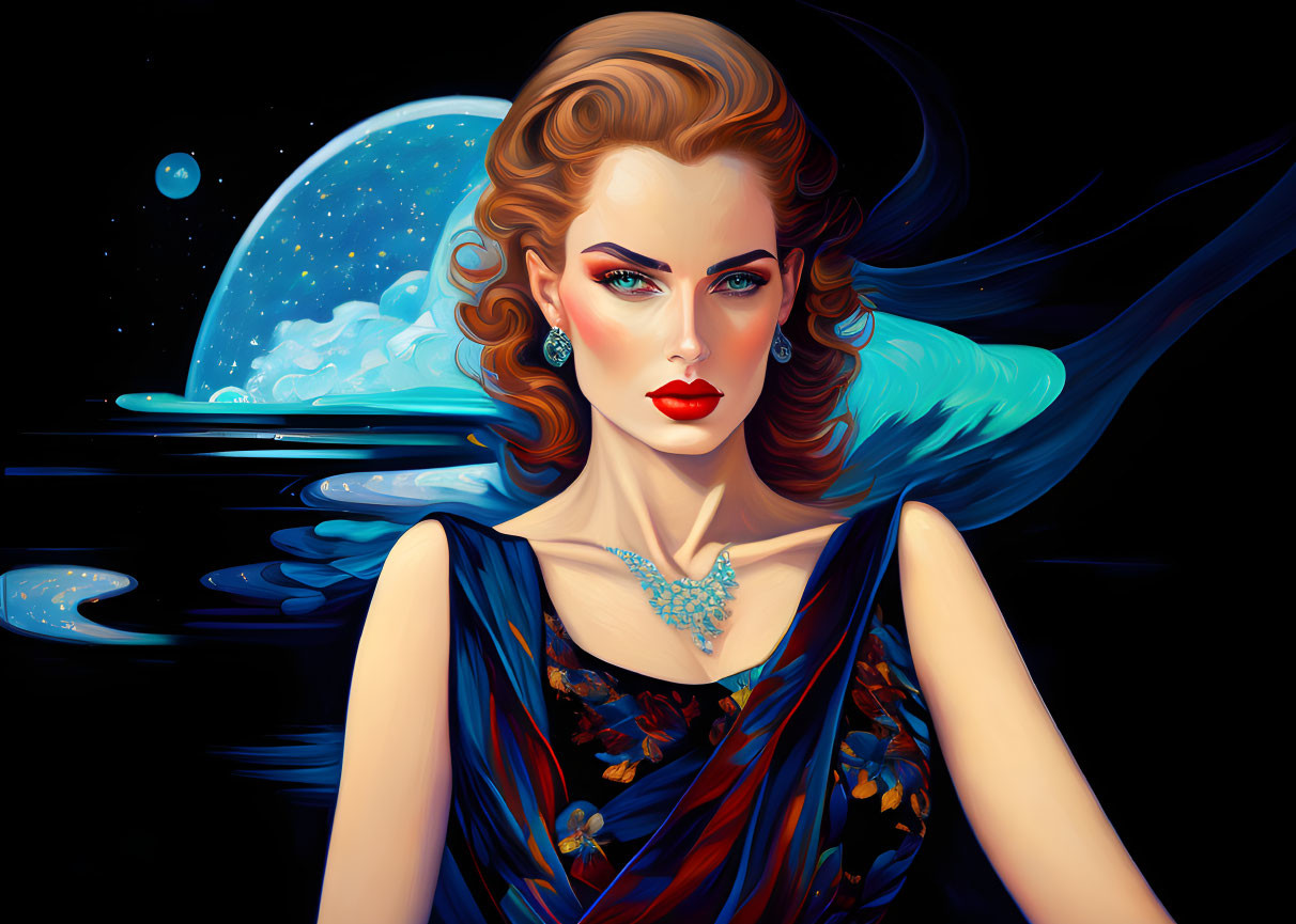 Stylized digital artwork of woman with auburn hair in blue dress against cosmic backdrop