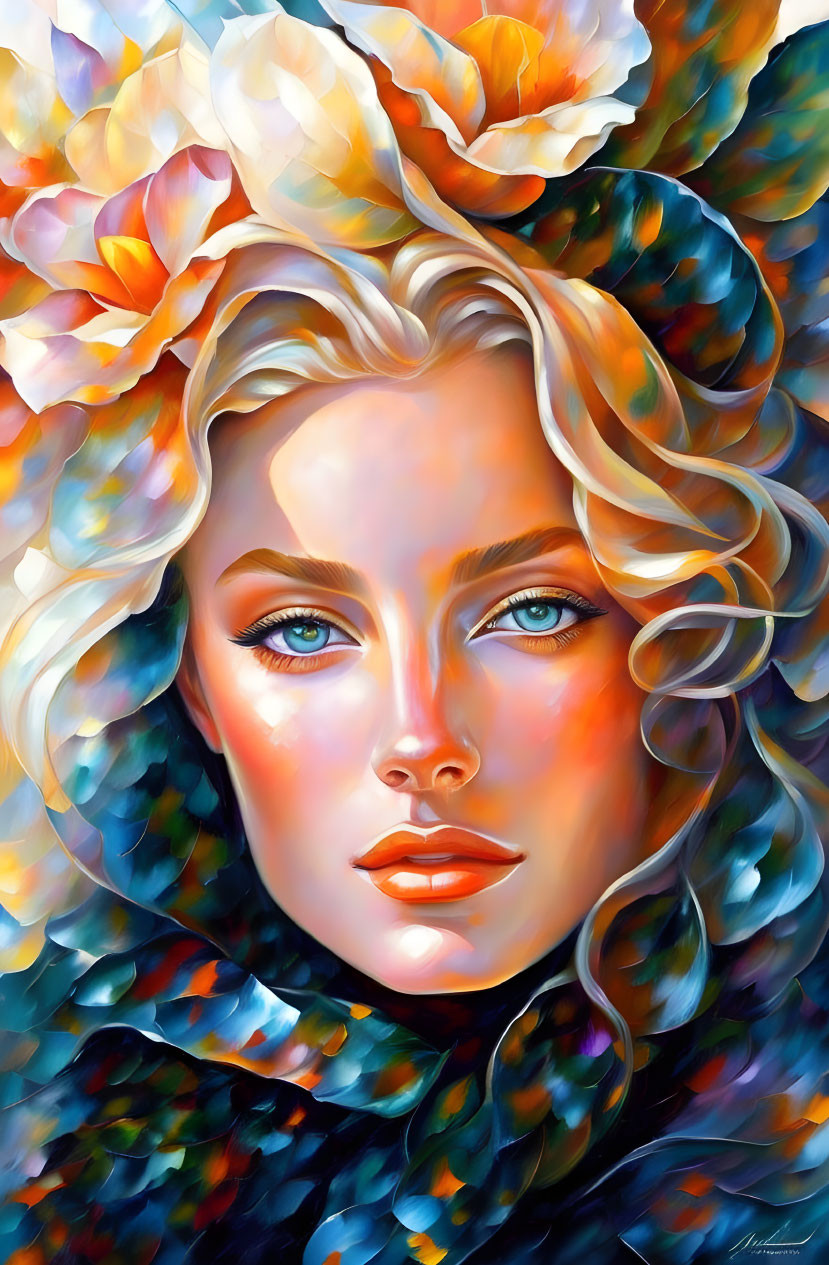 Colorful portrait of woman with blue eyes and curly hair featuring large, multicolored flowers