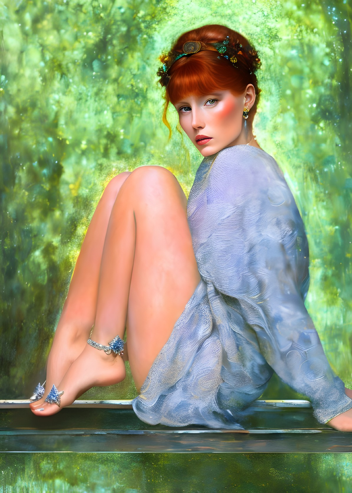 Red-haired woman in blue dress with green leaves against glittering background