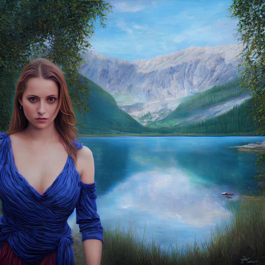 Woman in Blue Dress Standing by Serene Mountain Lake