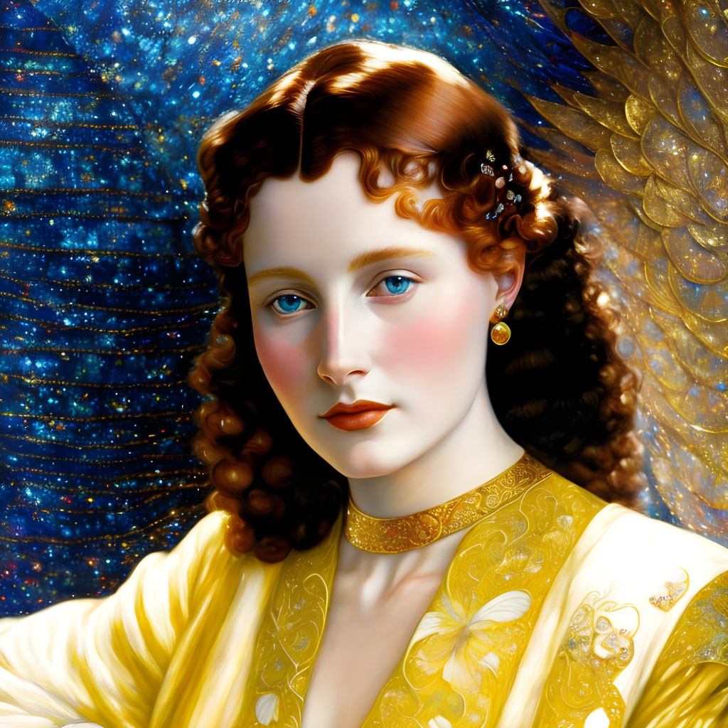 Portrait of a Woman in Yellow Dress with Blue Eyes and Curly Brown Hair against Starry Background