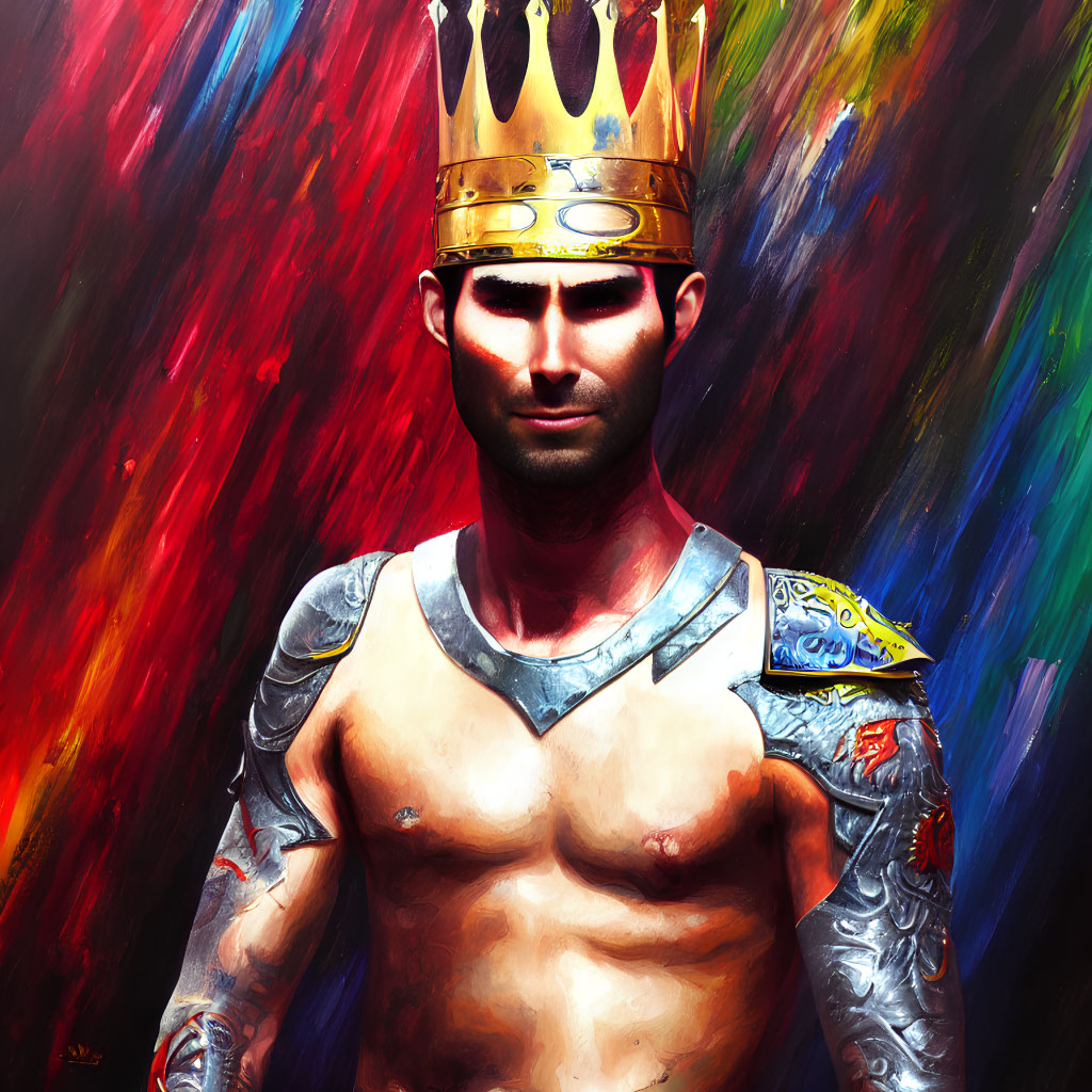 Muscular man with crown and armor on vibrant background