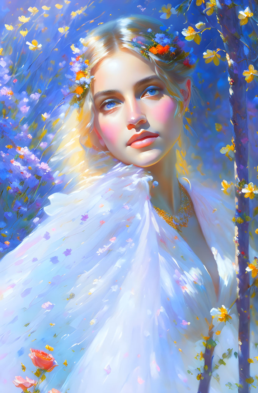 Woman in floral crown and cloak in dreamy sunlit scene