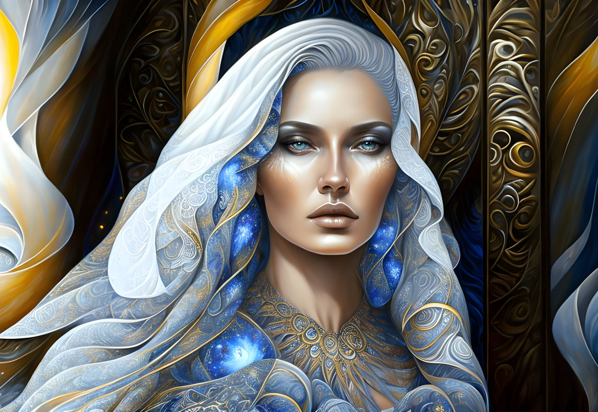 Detailed digital art: Woman with blue skin in ornate gold and blue attire