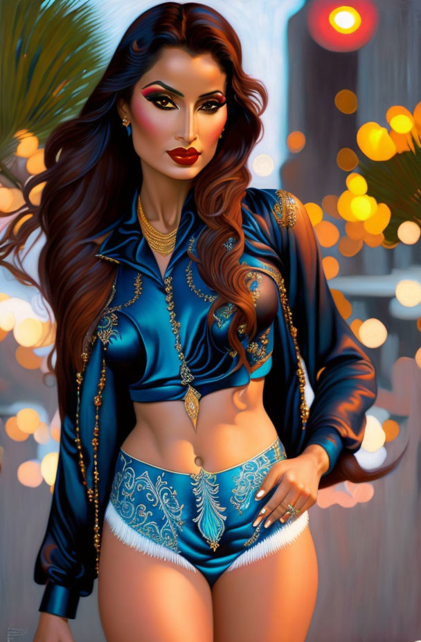 Woman in blue cropped jacket and shorts, gold jewelry, against bokeh light background