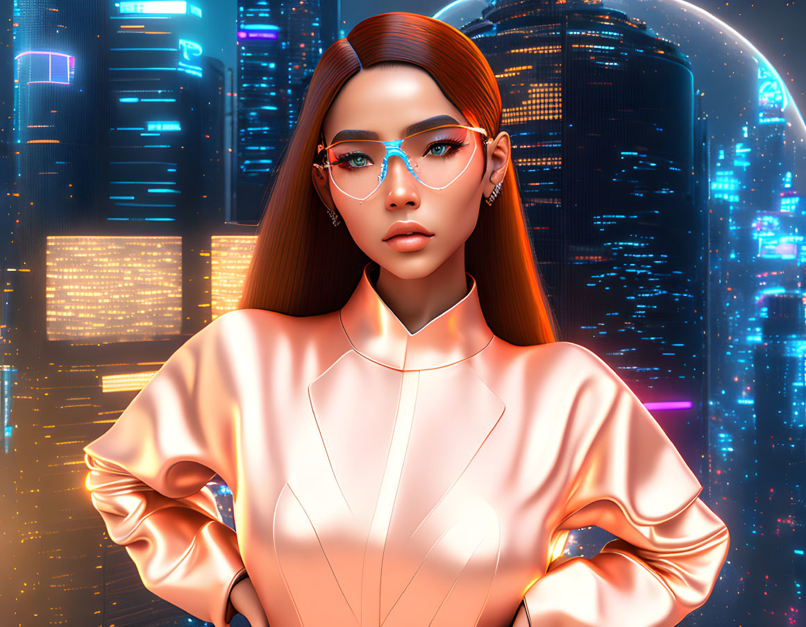 Woman in glasses with peach outfit in neon cityscape portrait