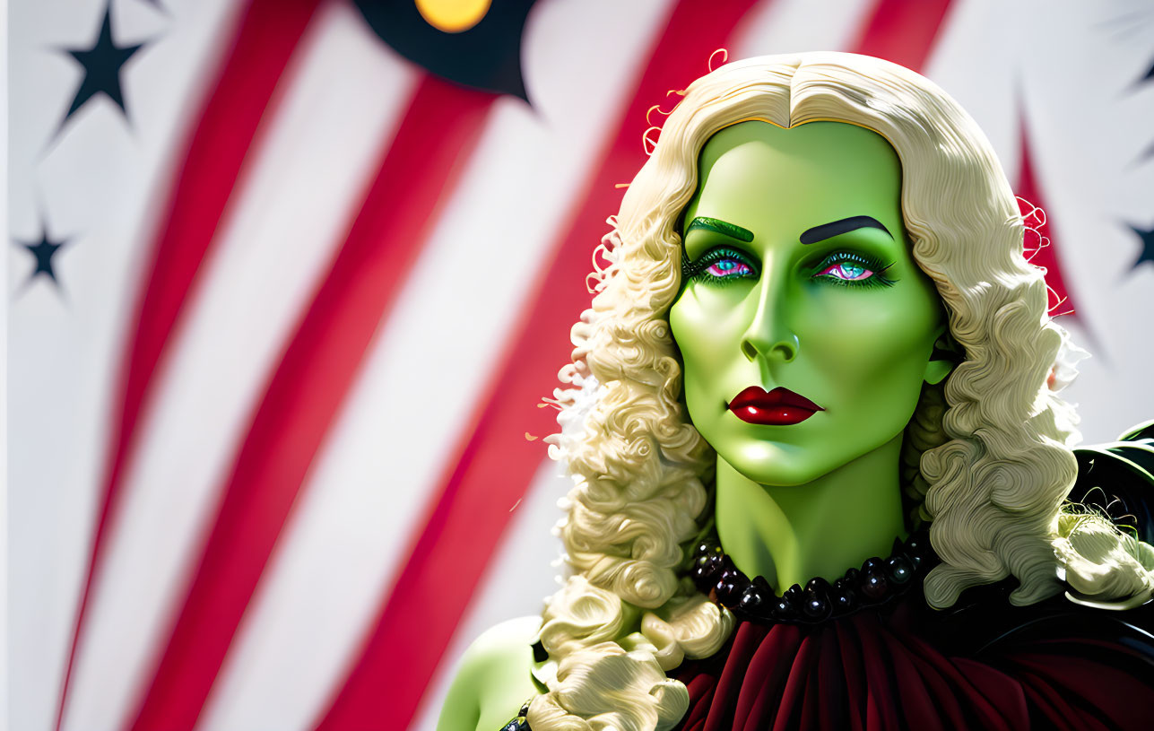 Figure with Green Skin and Blonde Hair Against American Flag Background