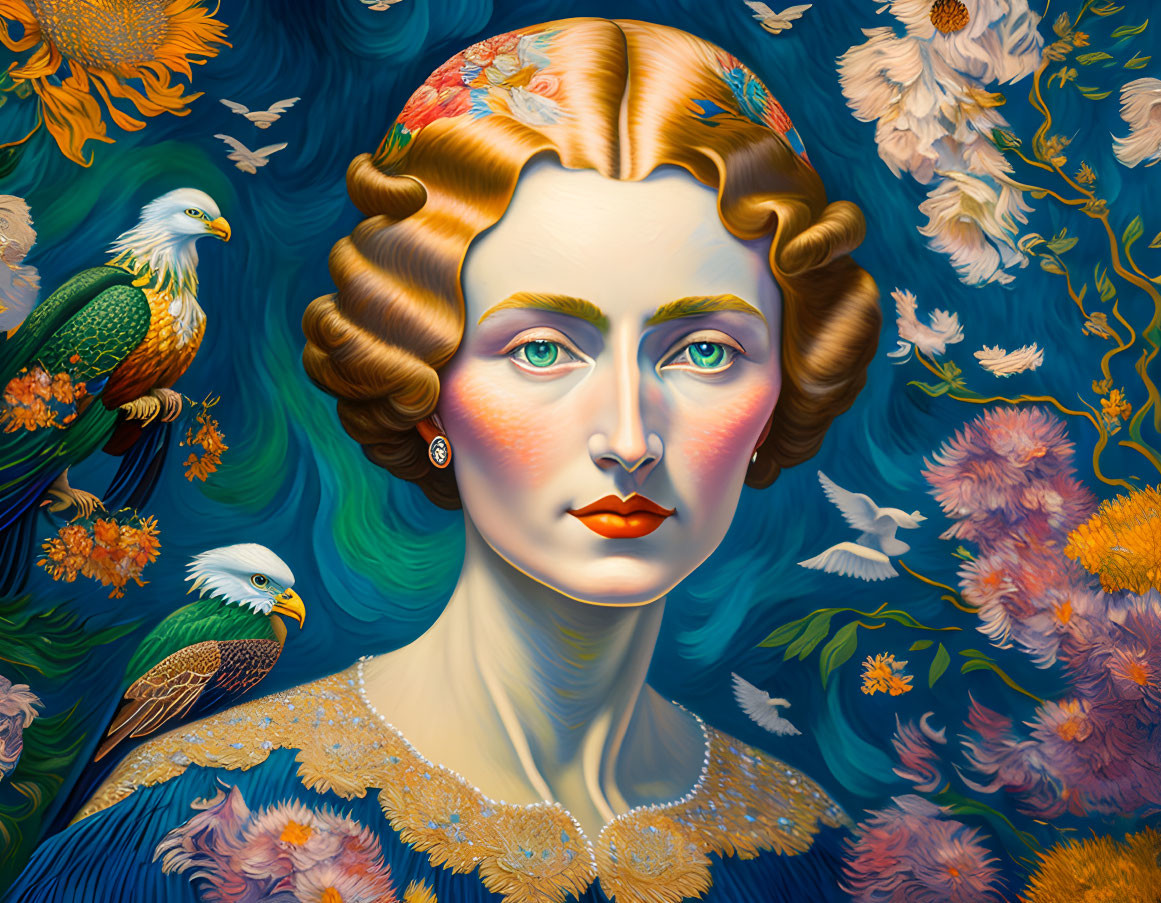 Stylized portrait of woman with wavy hair and vibrant flora and fauna