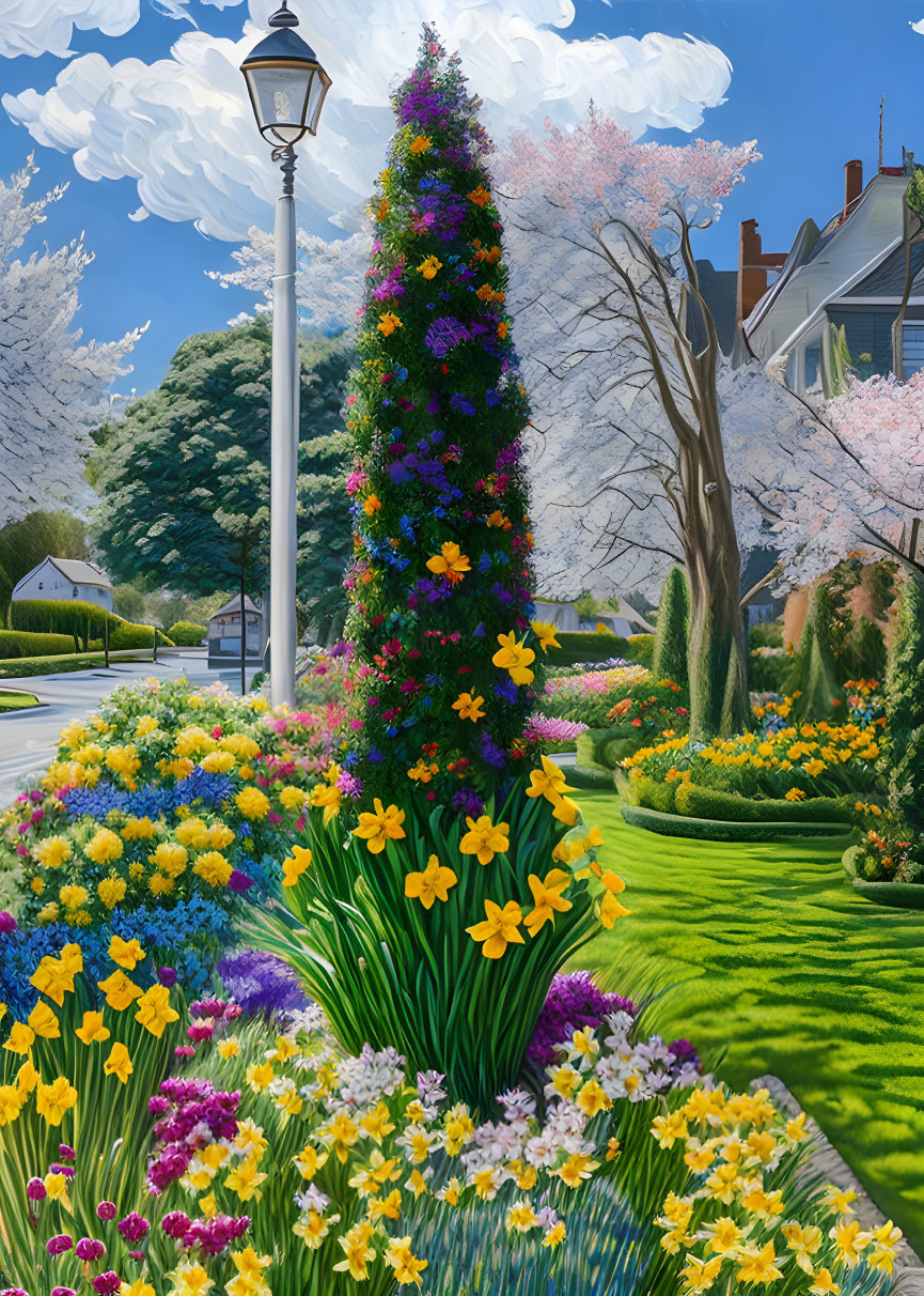 Colorful Blooming Flowers in Residential Street Garden