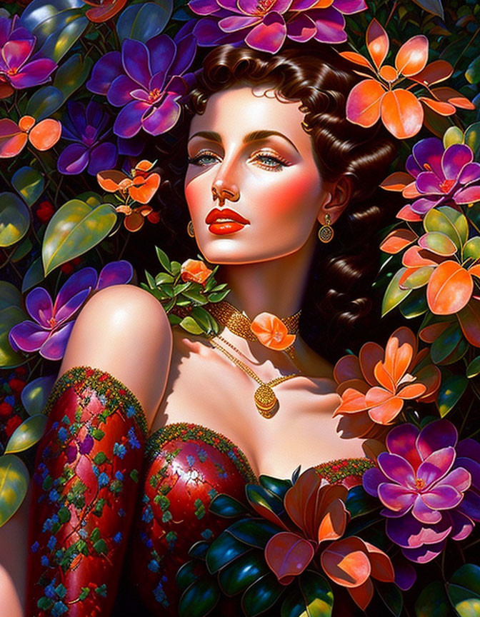 Portrait of woman with dark hair amid vibrant flowers, adorned with floral patterns and bright makeup.