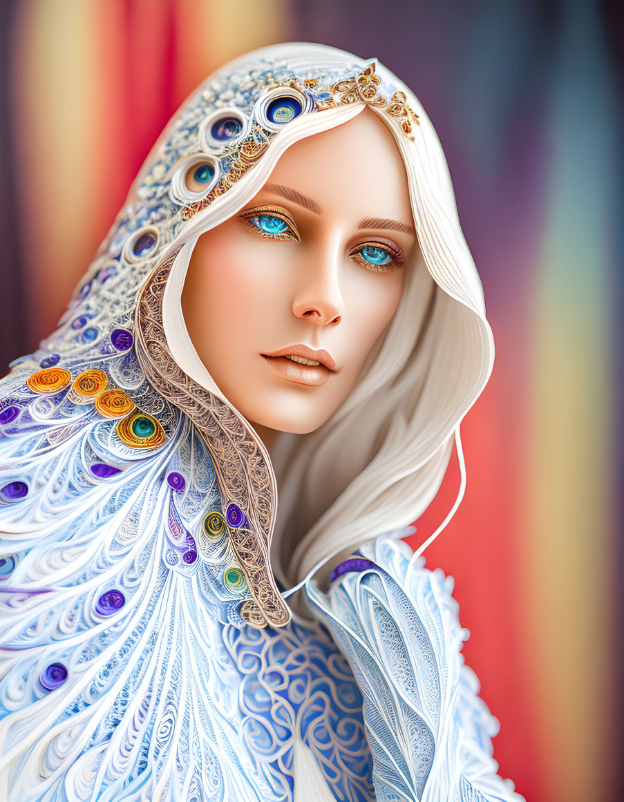 Digital Artwork: Woman with Blue Eyes in White Hood with Gold and Jewel Accents