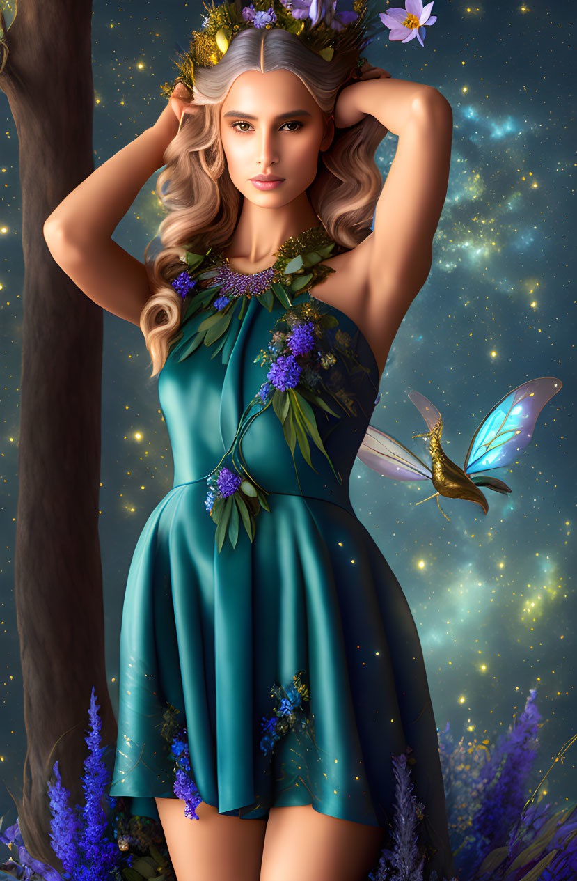 Illustrated woman with floral crown in teal dress near glowing flowers and whimsical butterfly