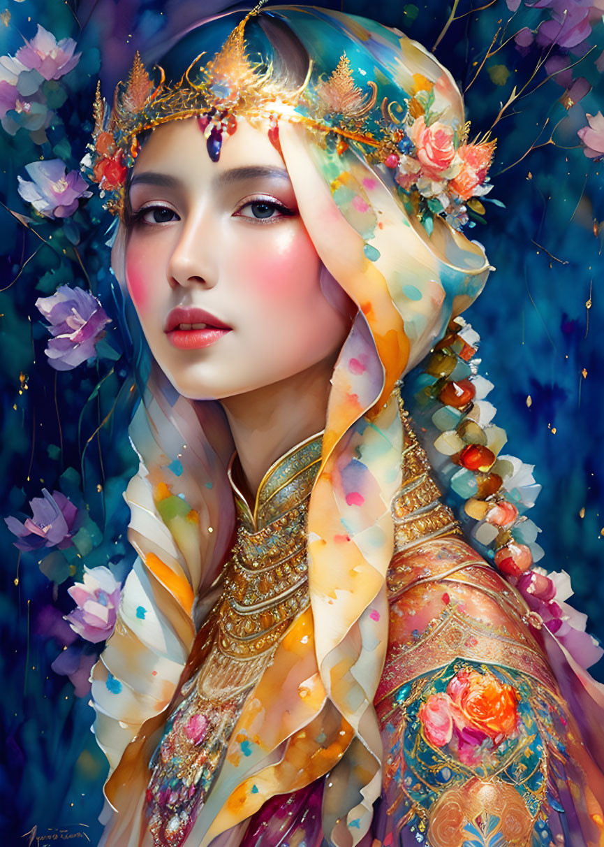 Colorful woman with ornate headgear and shawl in starry backdrop