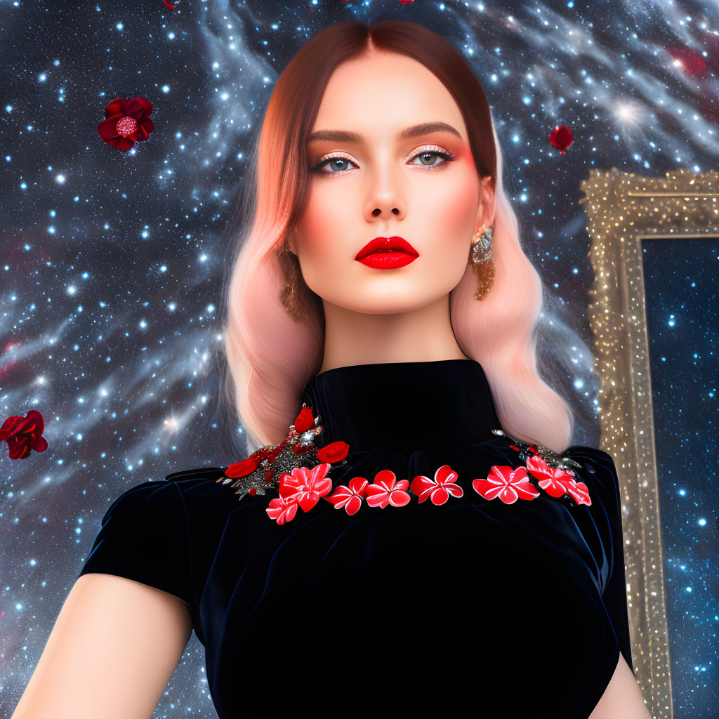 Digital Art Portrait: Woman with Rose Gold Hair, Cosmic Background, Black Dress with Red Flower Accents