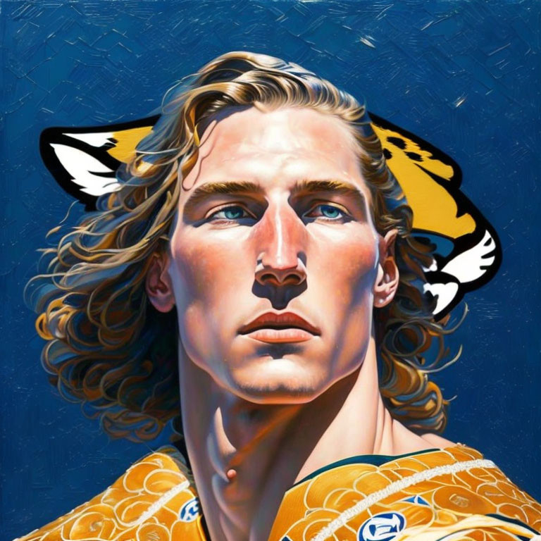 Illustrated portrait of a man with wavy blond hair on blue background with golden wings.