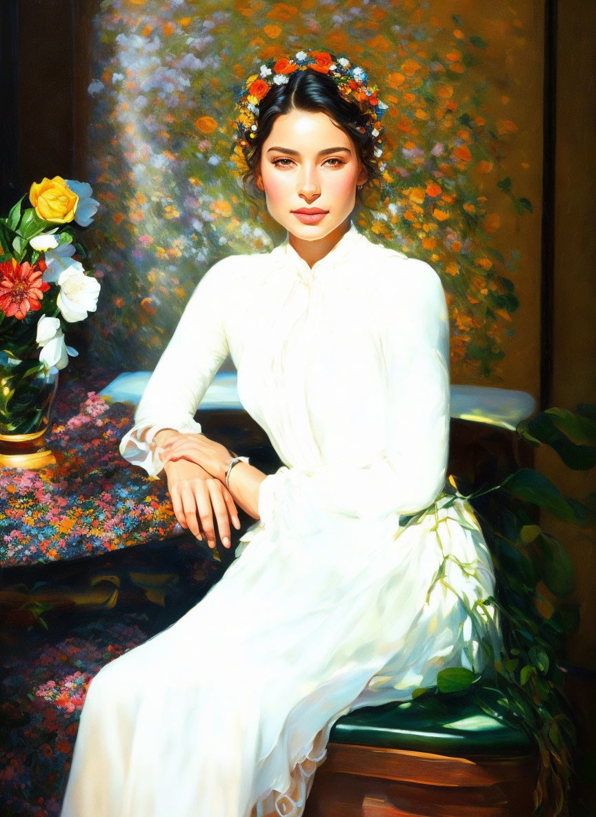 Woman in white dress with floral crown near vase in warm sunlight