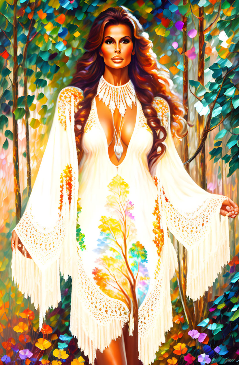 Stylized painting of woman in white dress in colorful forest