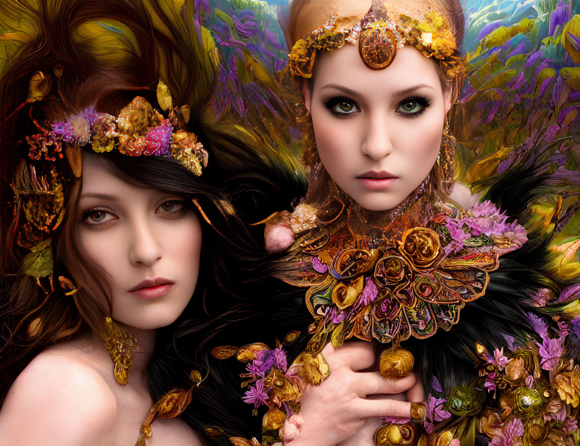 Ethereal women in fantasy setting with ornate floral jewelry