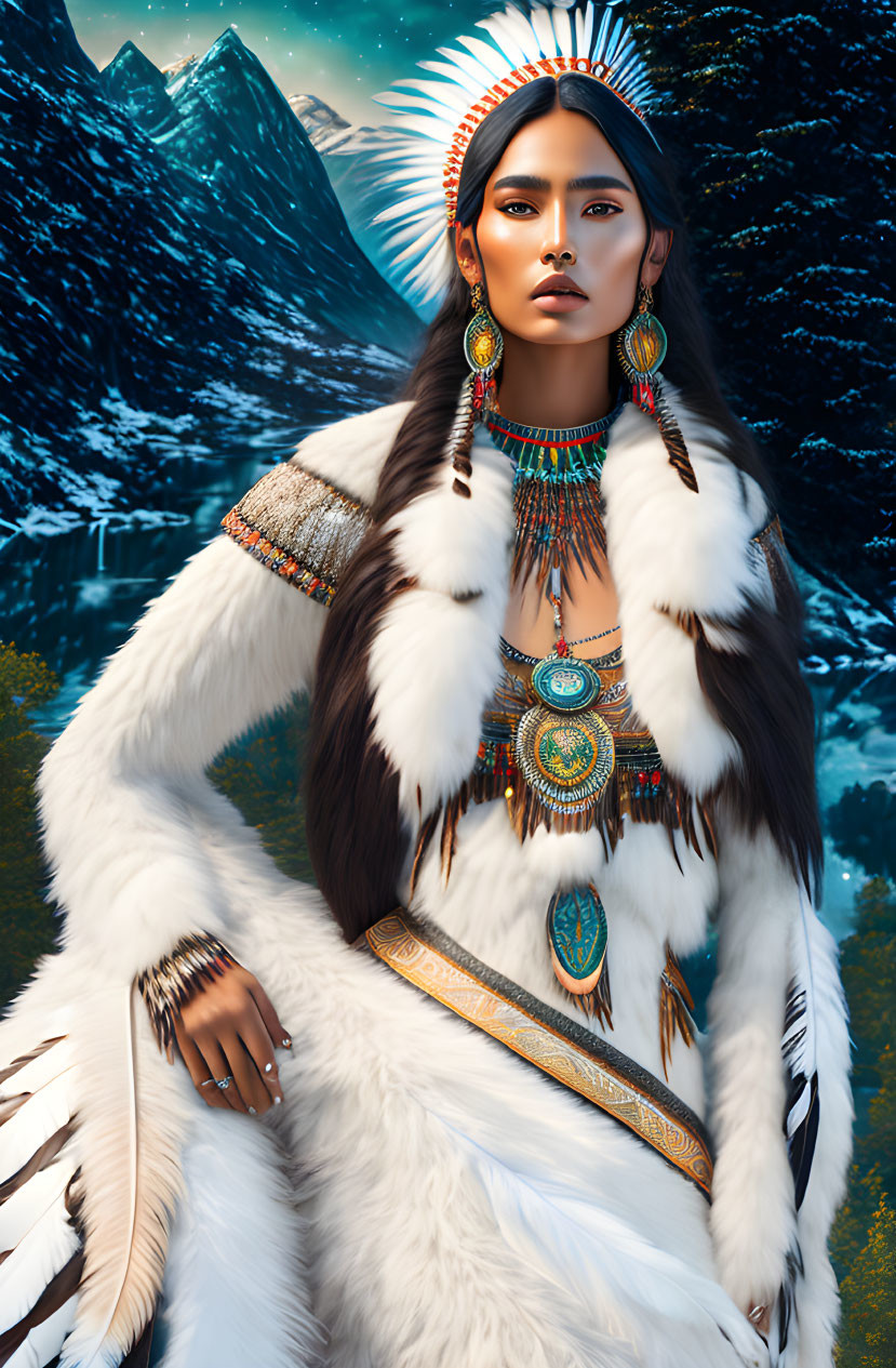 Native American woman in traditional attire with feathered headdress and mountain backdrop