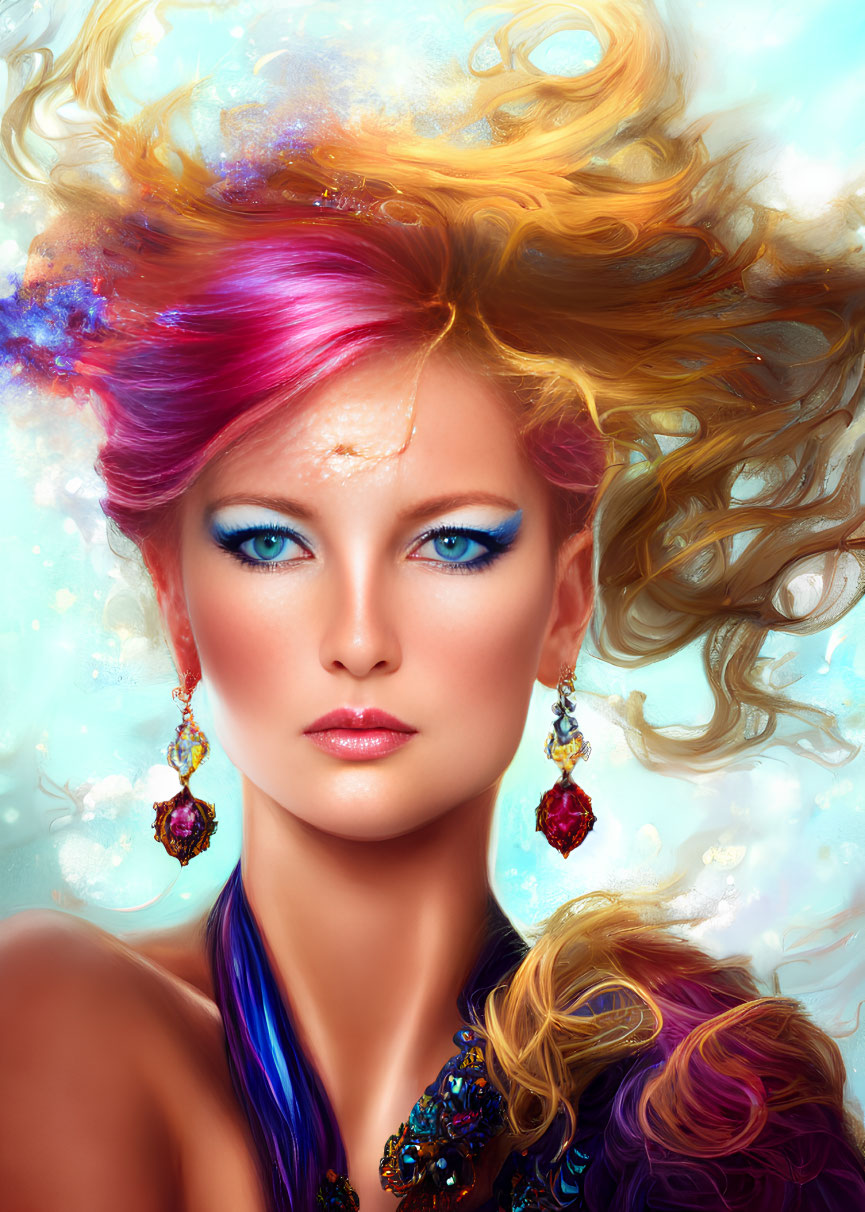 Vibrant multicolored hair and blue eyes portrait against soft blue background