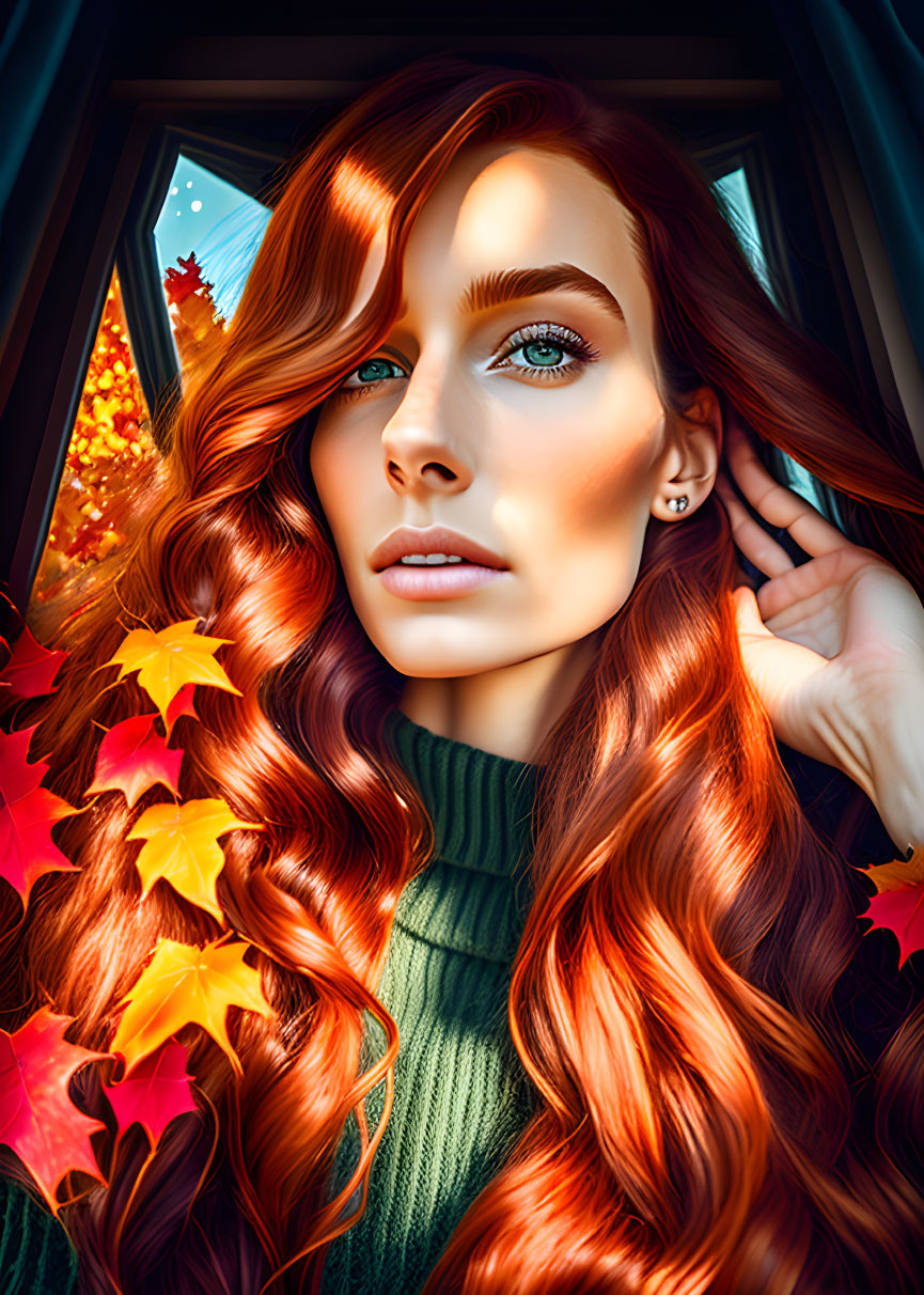 Red-haired woman framed by autumn window with warm light.