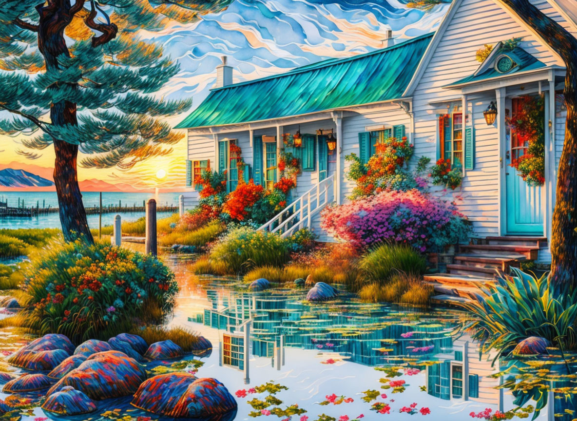 White Cottage with Turquoise Trim Surrounded by Flowers and Pond