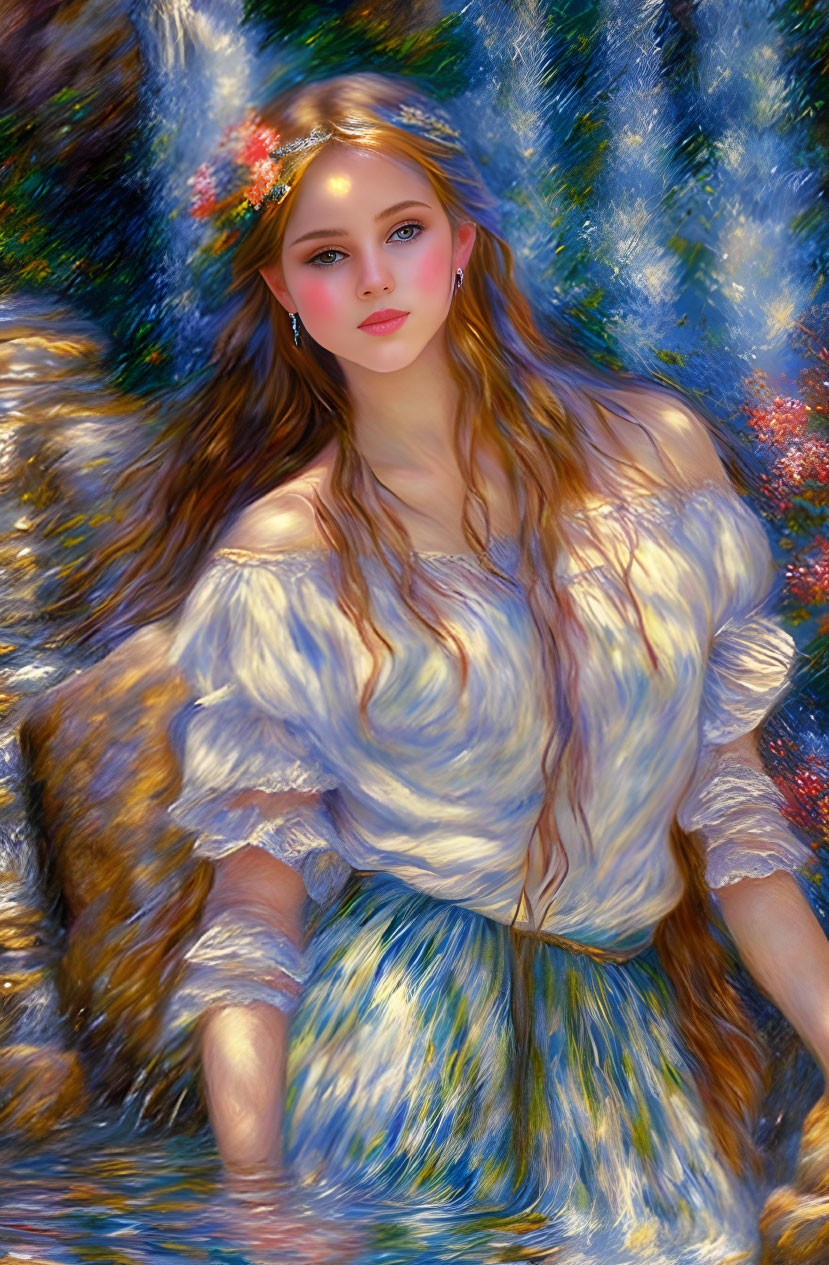 Digital Artwork: Woman with Wavy Hair, Ethereal Attire, and Tiara on Color