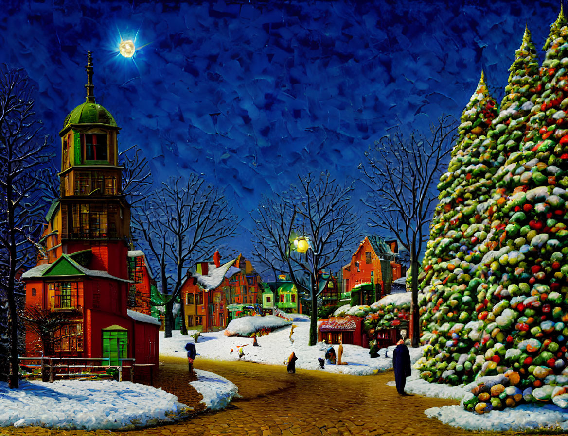 Snowy night painting of quaint town with Christmas tree & colorful buildings