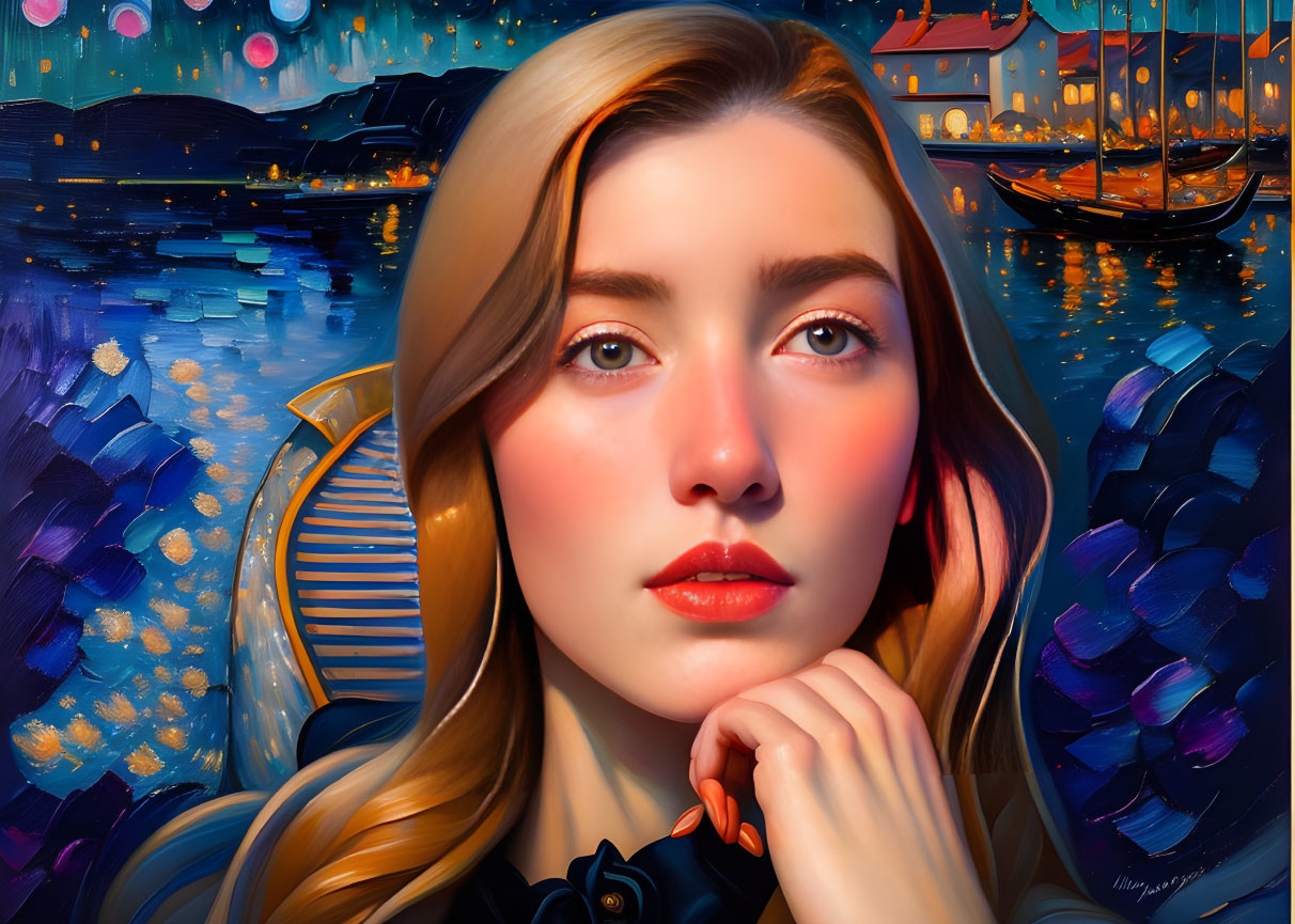 Blonde woman with blue eyes in digital portrait by luminous evening waterfront