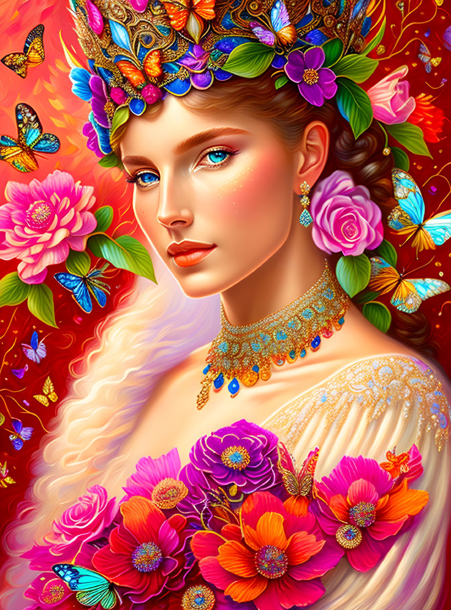 Woman with Floral Accessories and Butterfly Motif Portrait