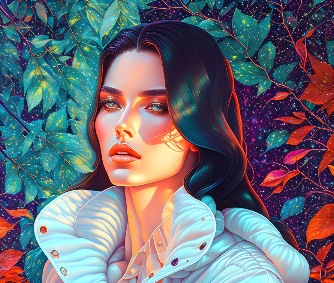 Digital artwork: Luminescent woman amid vibrant, cosmic leaves