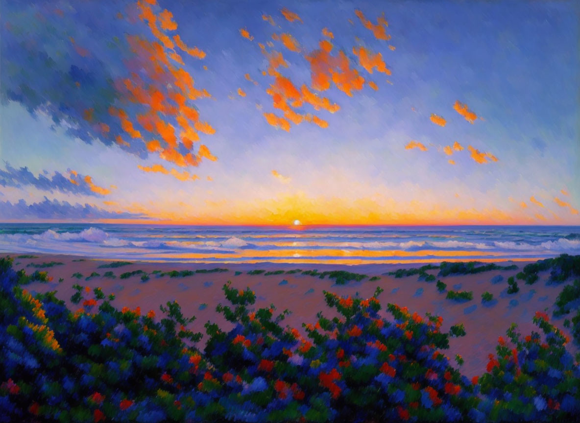 Impressionistic painting: Vibrant sunset over calm sea and beach with green foliage.