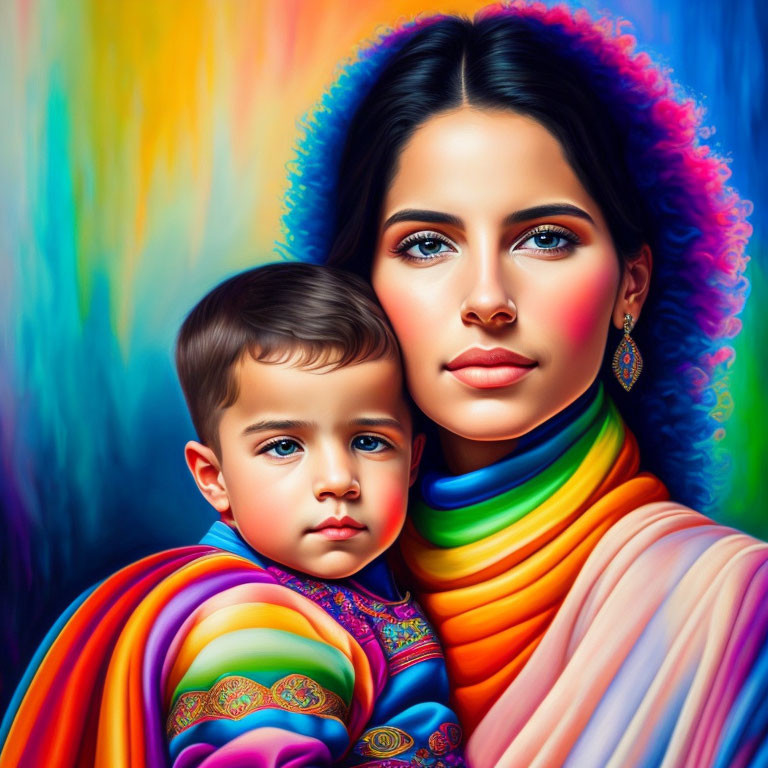 Colorful portrait of woman and child in vibrant, painterly style