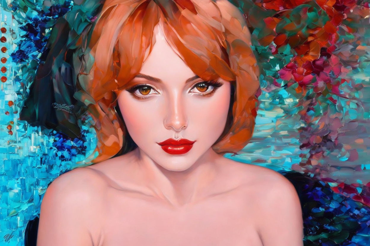 Portrait of woman with red lips and auburn hair on abstract background