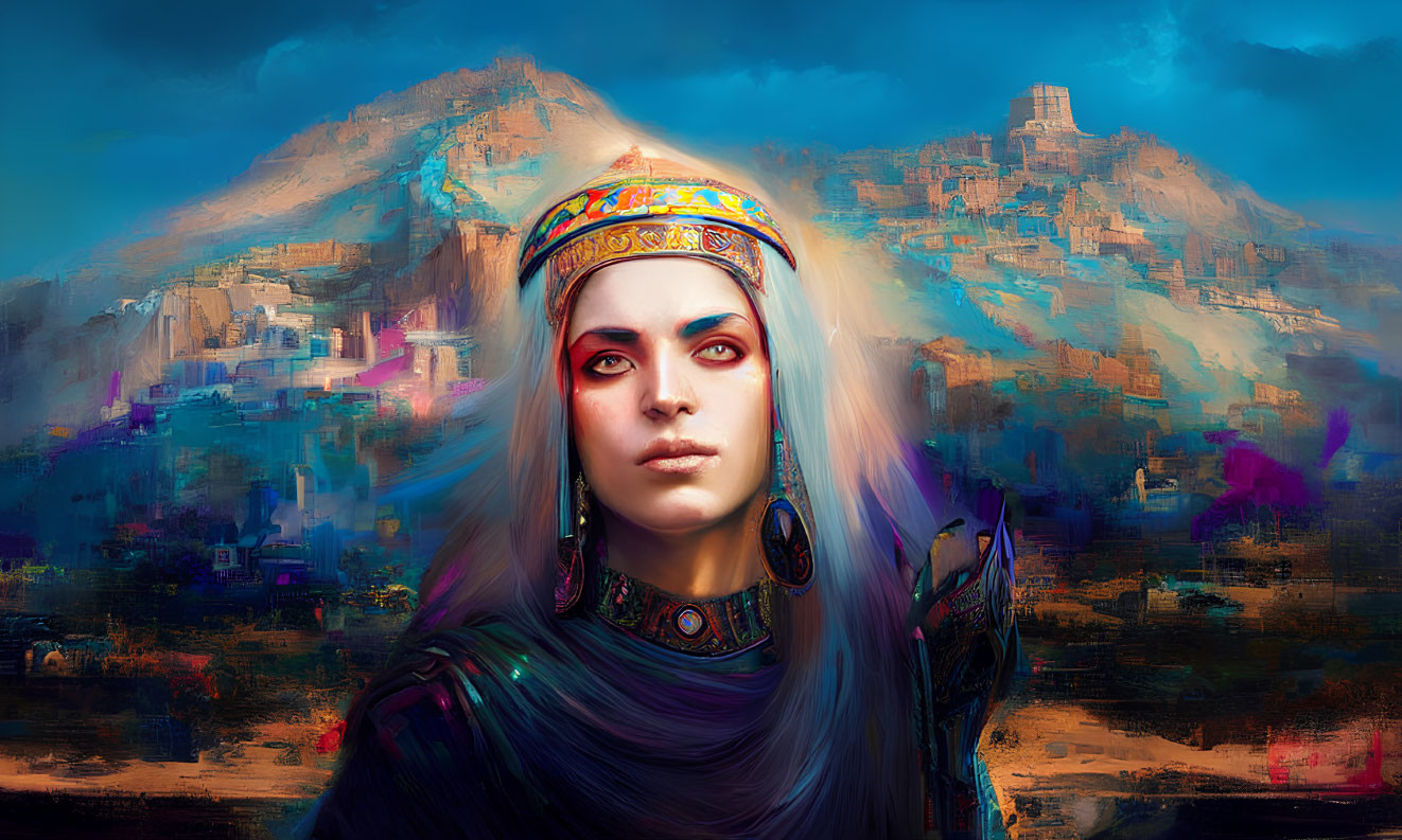 Digital painting of woman with red eyes in colorful headband against mystical mountain ruins