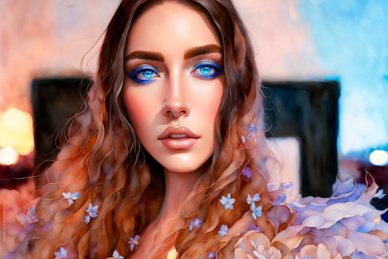 Woman with Blue Eyes and Floral Hair Illustration in Soft-focus Background