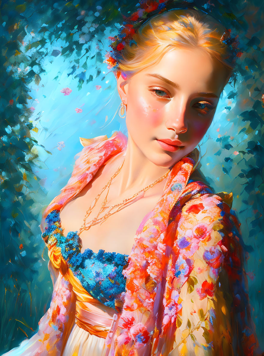 Golden-haired woman in floral attire basking in sunlight