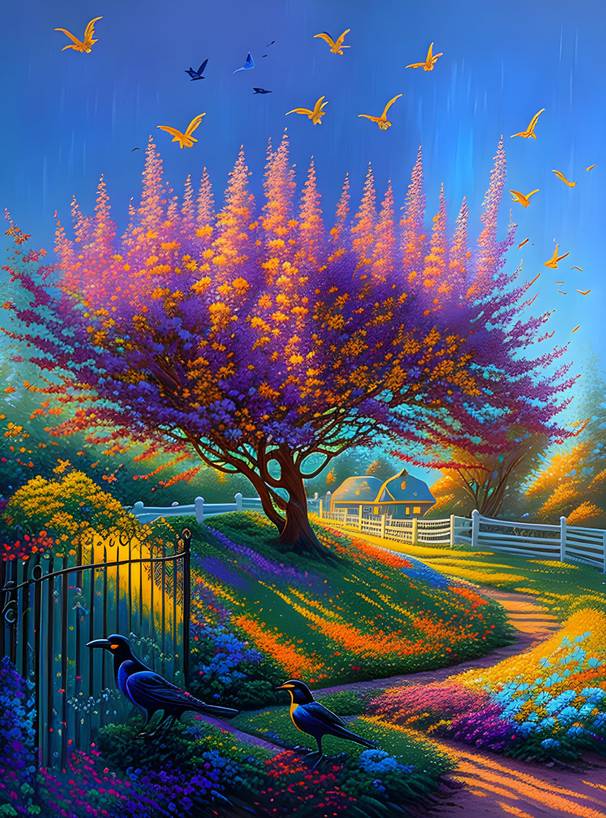 Colorful garden with blooming tree, birds, winding path, and twilight sky