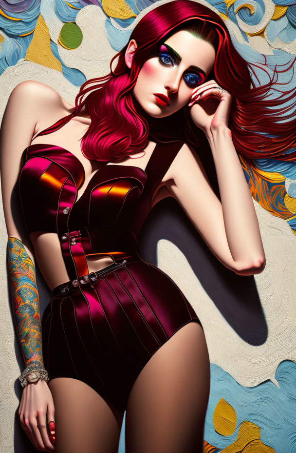 Digital artwork: Red-haired woman in corset with blue eye shadow against patterned backdrop