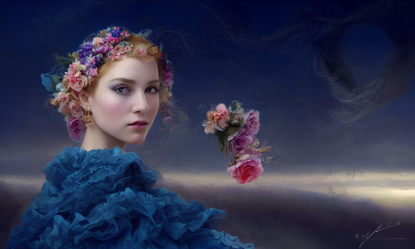 Woman with Floral Headpiece Gazing at Twilight Sky with Floating Bouquet