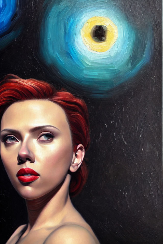 Short Red-Haired Woman with Striking Makeup Against Abstract Background