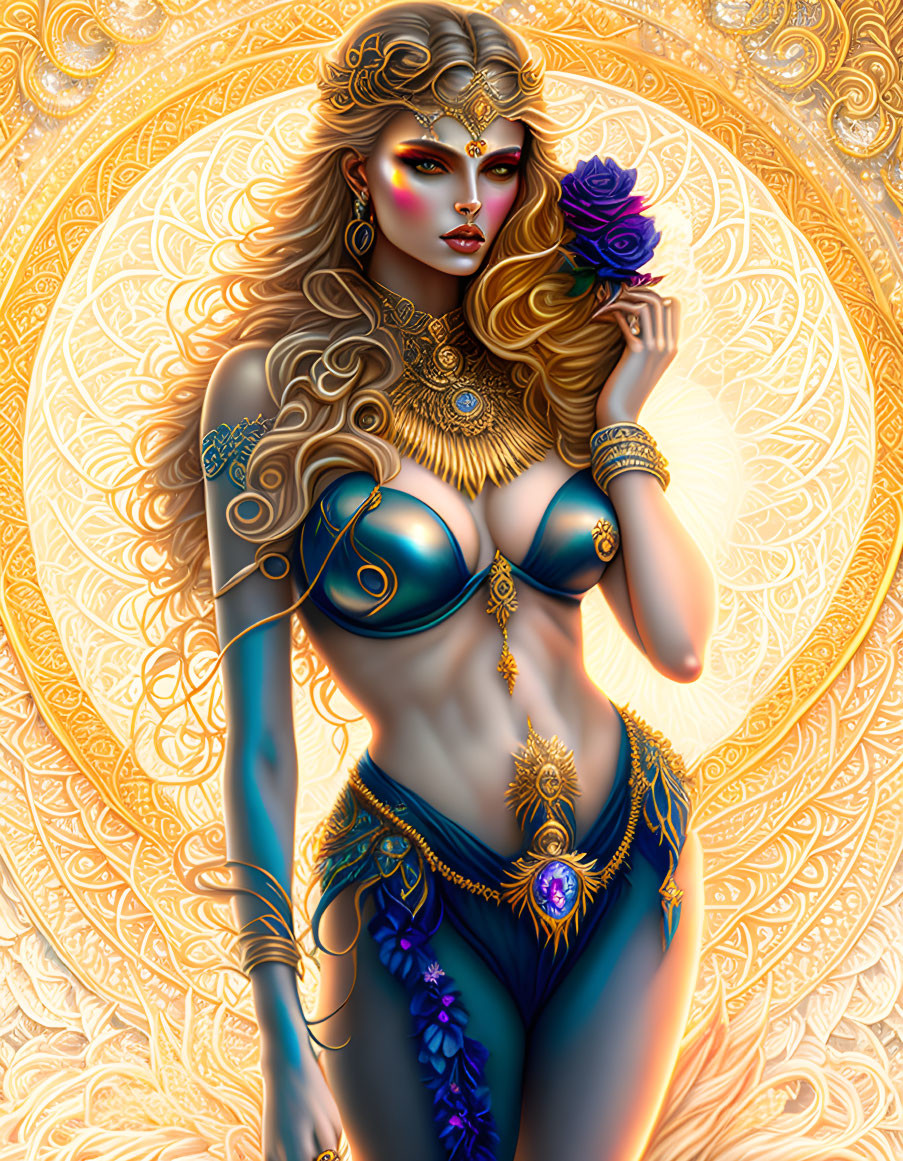 Illustrated woman with golden jewelry and blue outfit holding a purple rose in front of intricate golden patterns