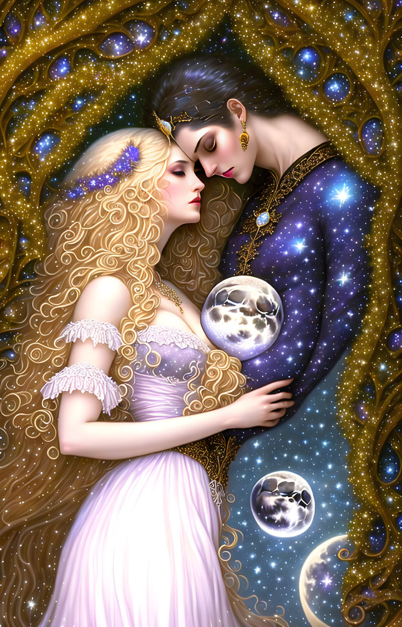 Fantastical illustration of couple in tender embrace with starry cosmos and ornate clothing