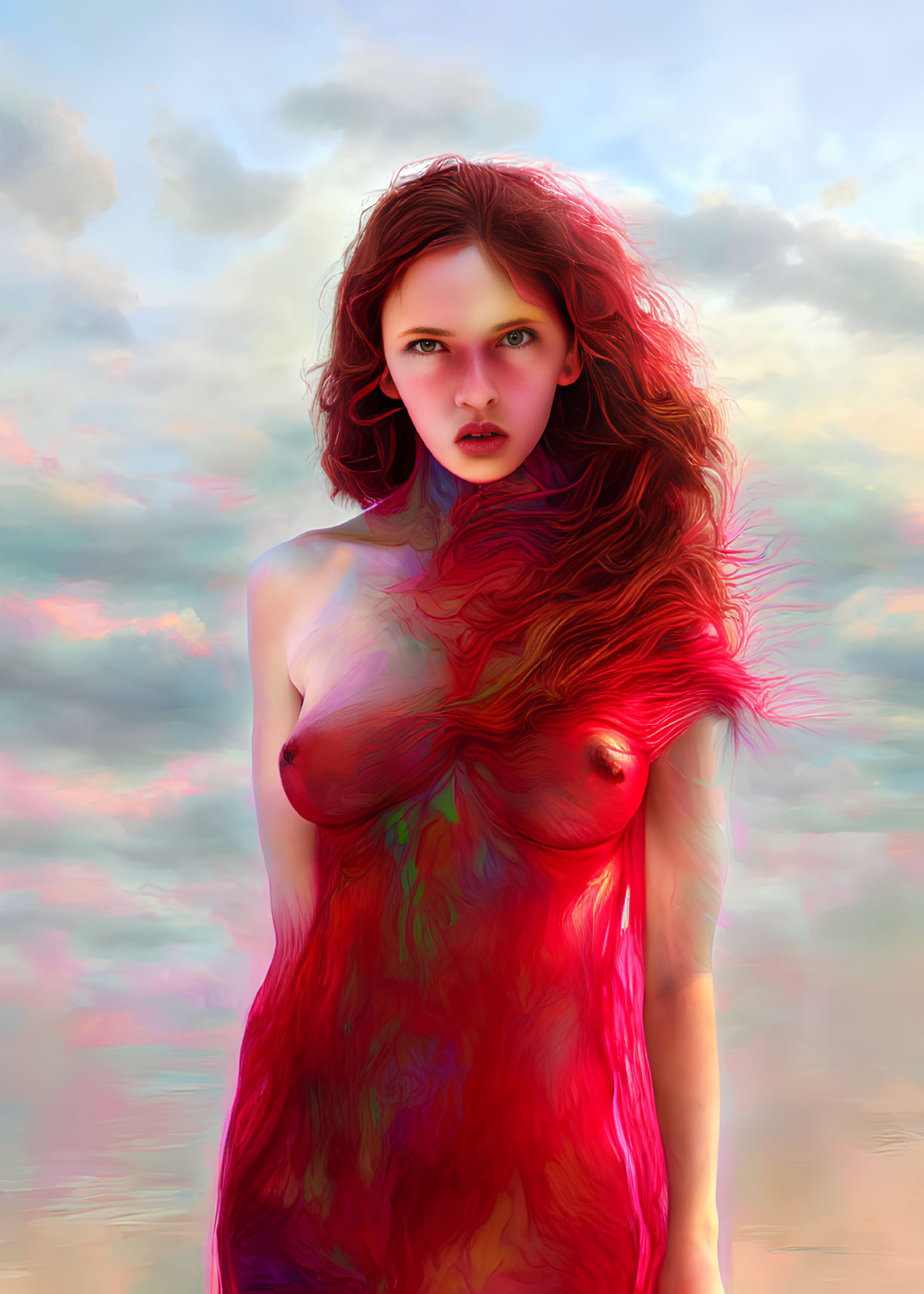 Vibrant digital artwork of woman with flowing red hair against soft pink and blue sky