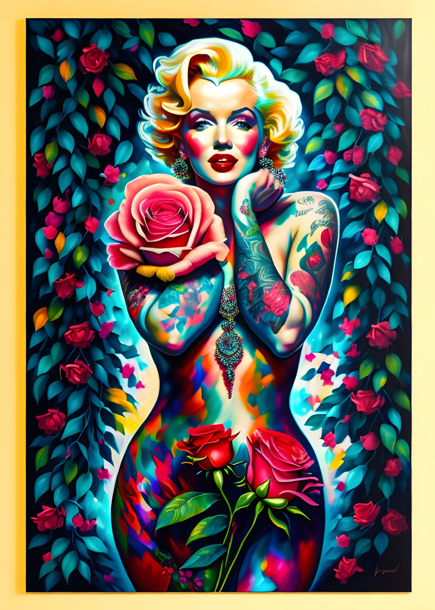 Colorful portrait of a person with blond hair among roses, tattoos, and bold makeup.