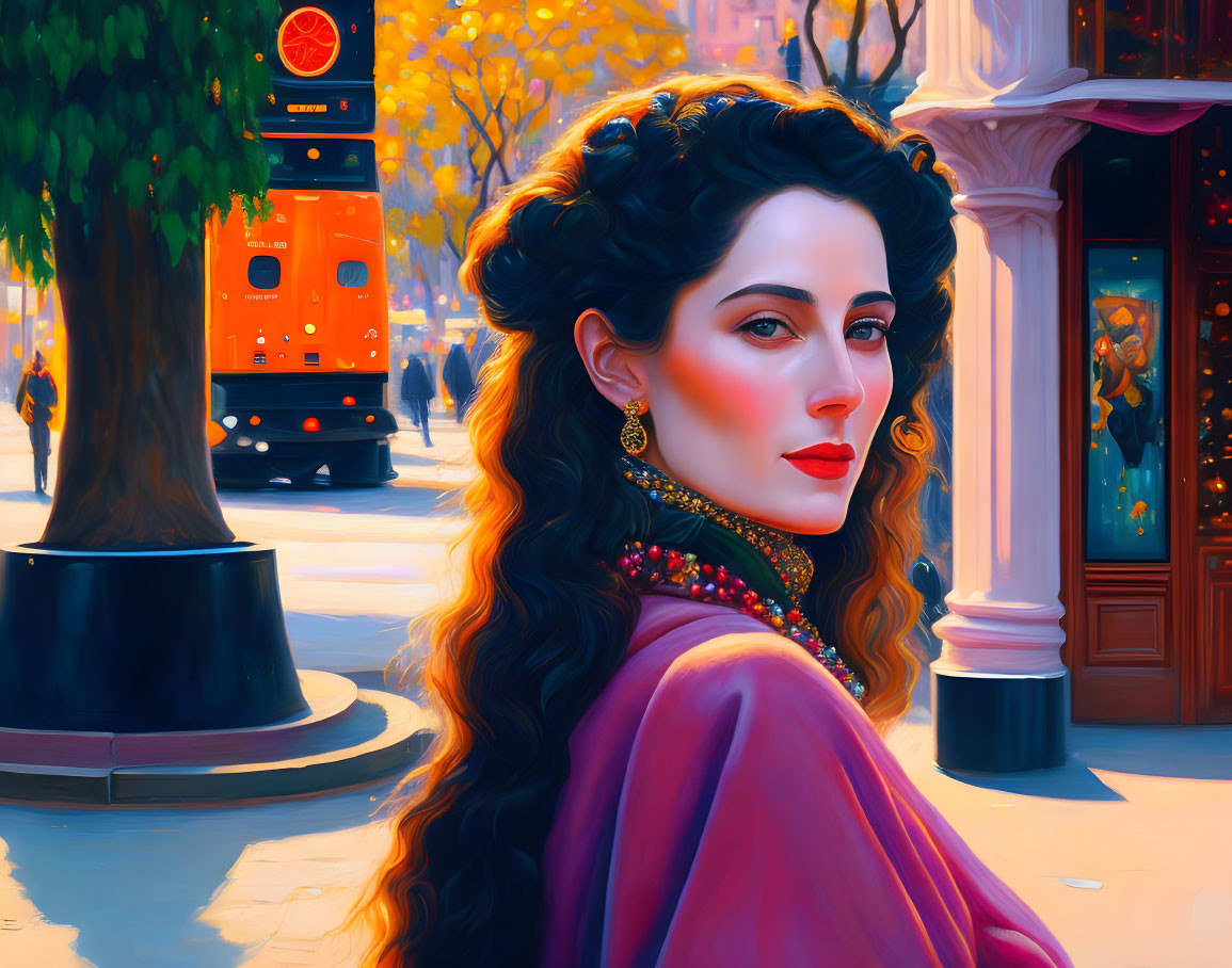 Colorful portrait of woman with curly hair and red lips in city scene.